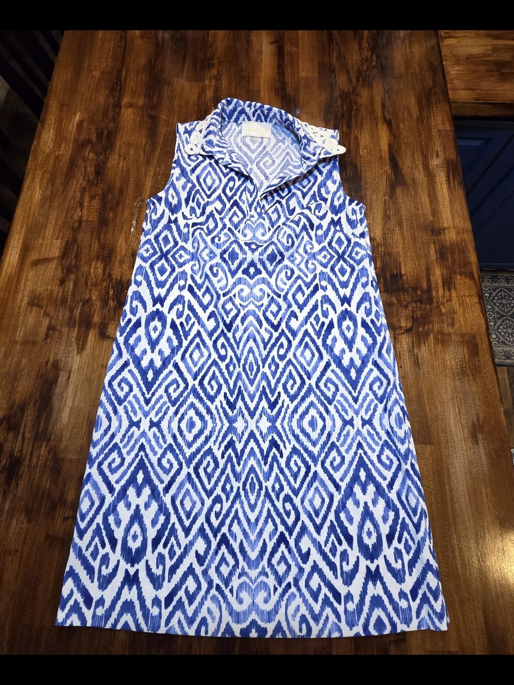 Pappagallo Sleeveless Midi Dress Collard Neckline S Beachy Blue and White Ikat